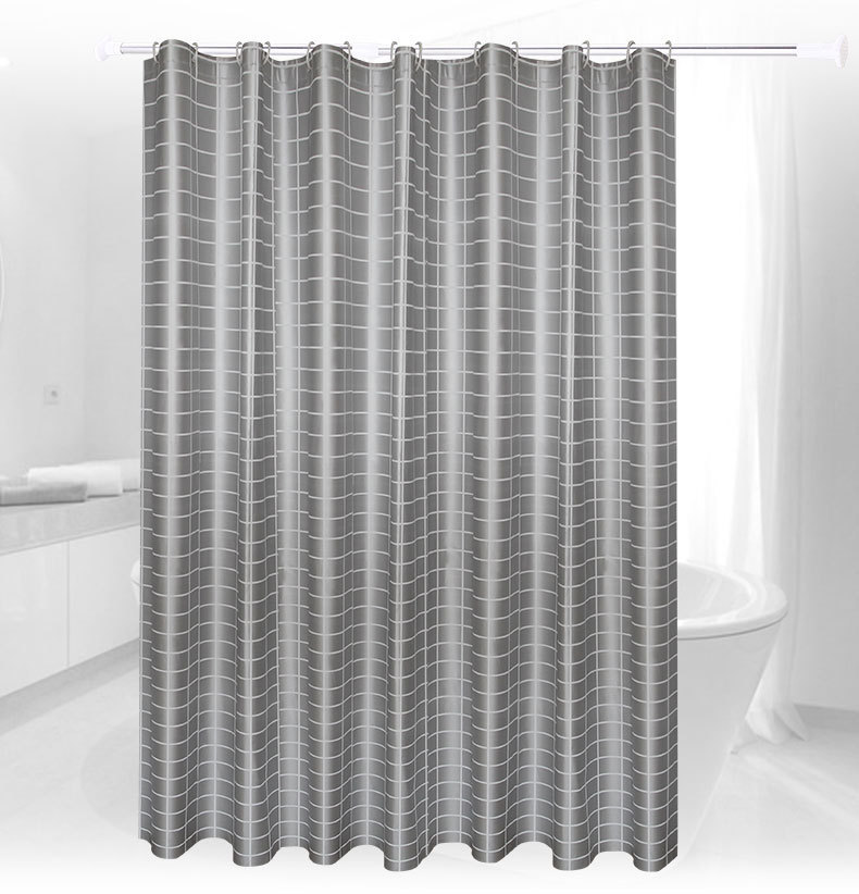 厂家热销新品爆款防水浴帘灰底格子涤纶浴帘卫生间隔断帘送挂钩详情8