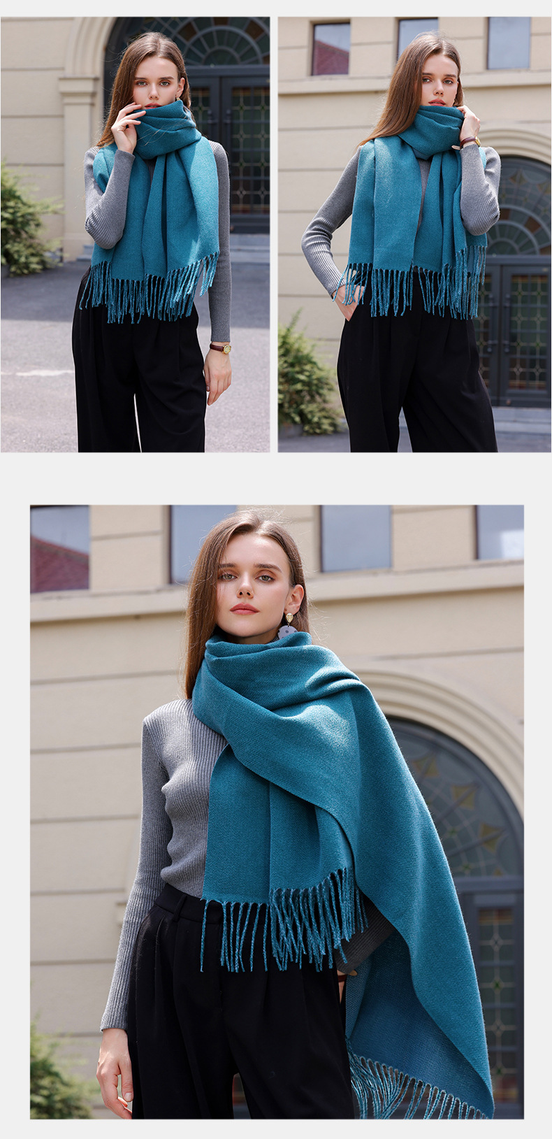 The 2023 new double-sided solid color macaron scarf for women is a bestseller in winter. It is fashionable and warm with faux cashmere tassels. Wholesale pic 34