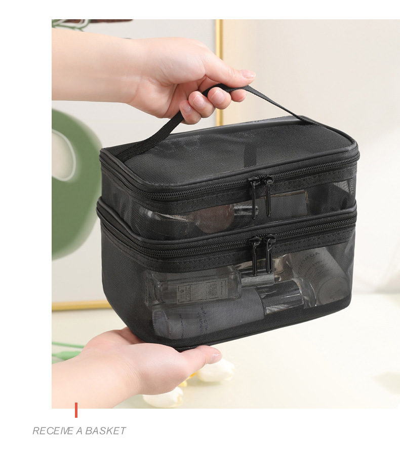 跨境现货新款手提包化妆包便携式透明大容量双层网纱洗漱收纳包袋详情2