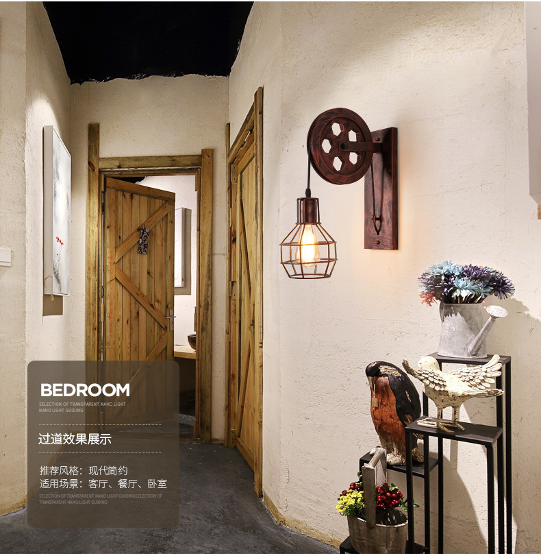 American country wall lamps, industrial style retro wall lamps, simple and creative ironwork pulley wall lamps, height-adjustable restaurant corridor lights pic 1