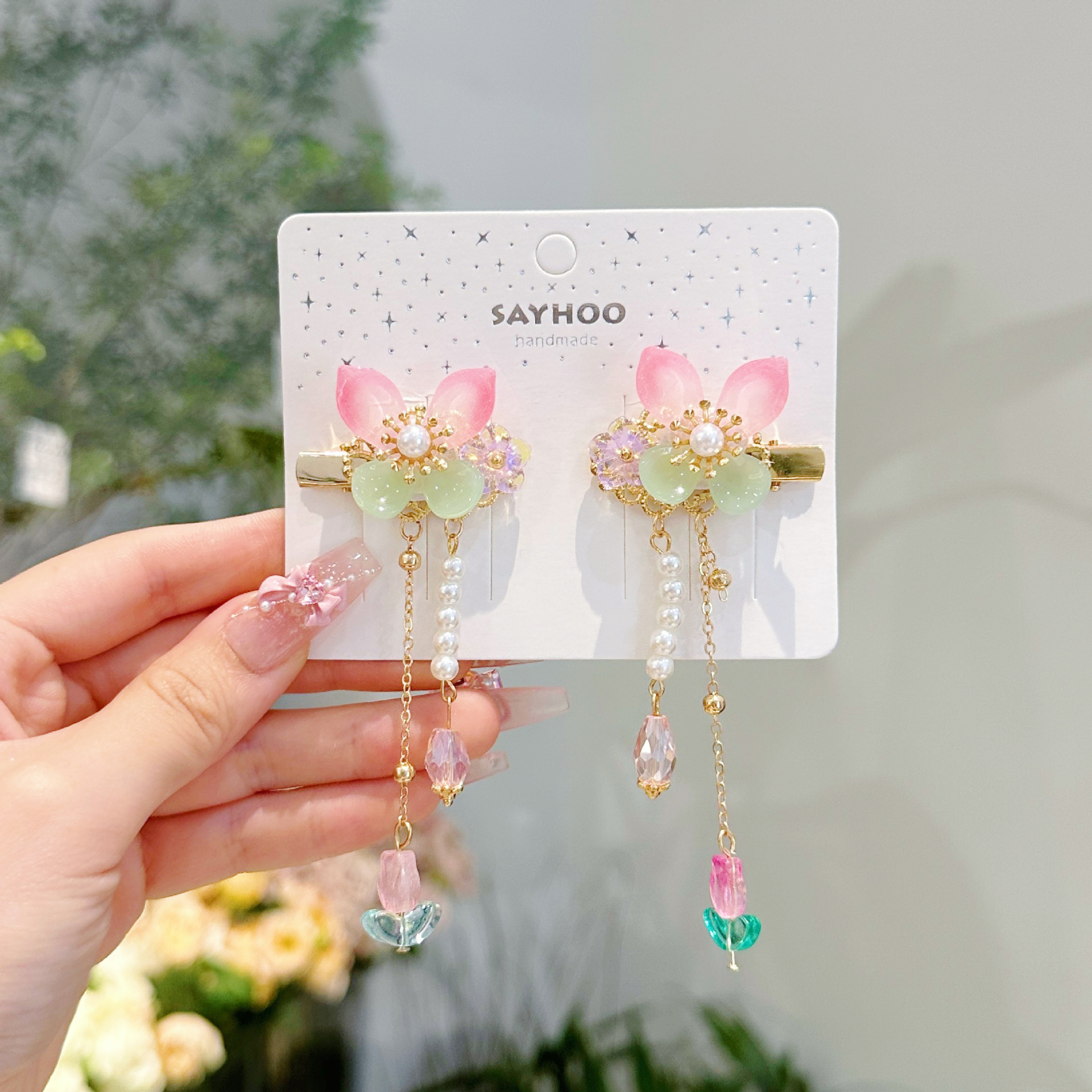 儿童发夹 国潮系列新款古风花朵蝴蝶珍珠流苏中国风琉璃对夹女孩汉服头饰详情11