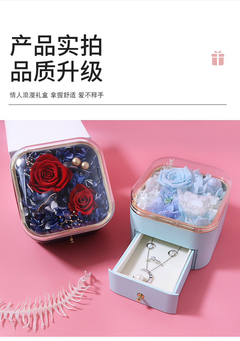 New round corner paint preserved flower gift box, rose real flower necklace, jewelry box, high-transparency acrylic rose pic 10
