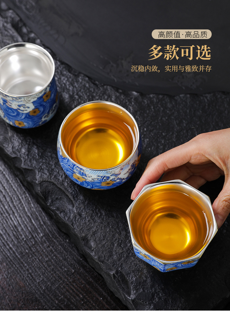 土器珐琅彩银杯子茶杯陶瓷功夫主人杯金银陶瓷鎏银品茗杯伴手礼品详情2