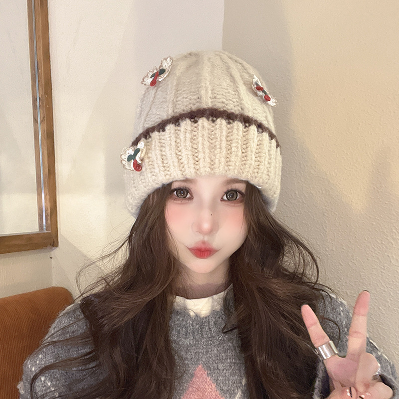 甜美毛线帽女秋冬保暖冷帽显脸小针织帽子可爱加绒女士护耳套头帽详情2