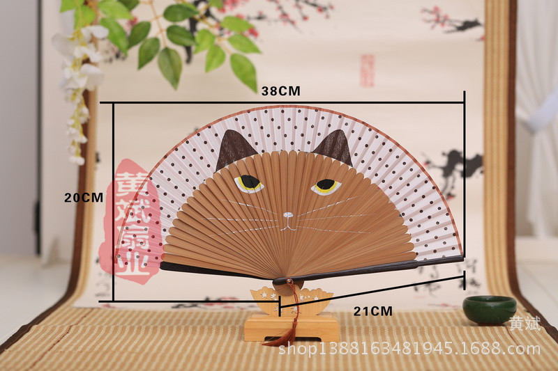 烤漆柄手绘猫扇日本女生竹叠折扇卡通龙猫扇真丝创意日式工艺扇详情2