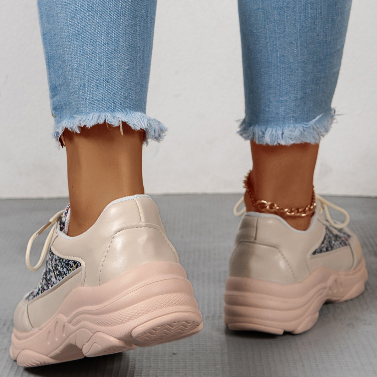 欧美大码跨境厚底休闲运动单鞋2023新款时尚前系带拼色老爹鞋批发详情12