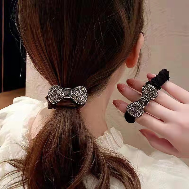 Light luxury water diamond bow hair tie headband, Korean-style fabric small intestine loop, simple chanel-style leather band hair accessory pic 3