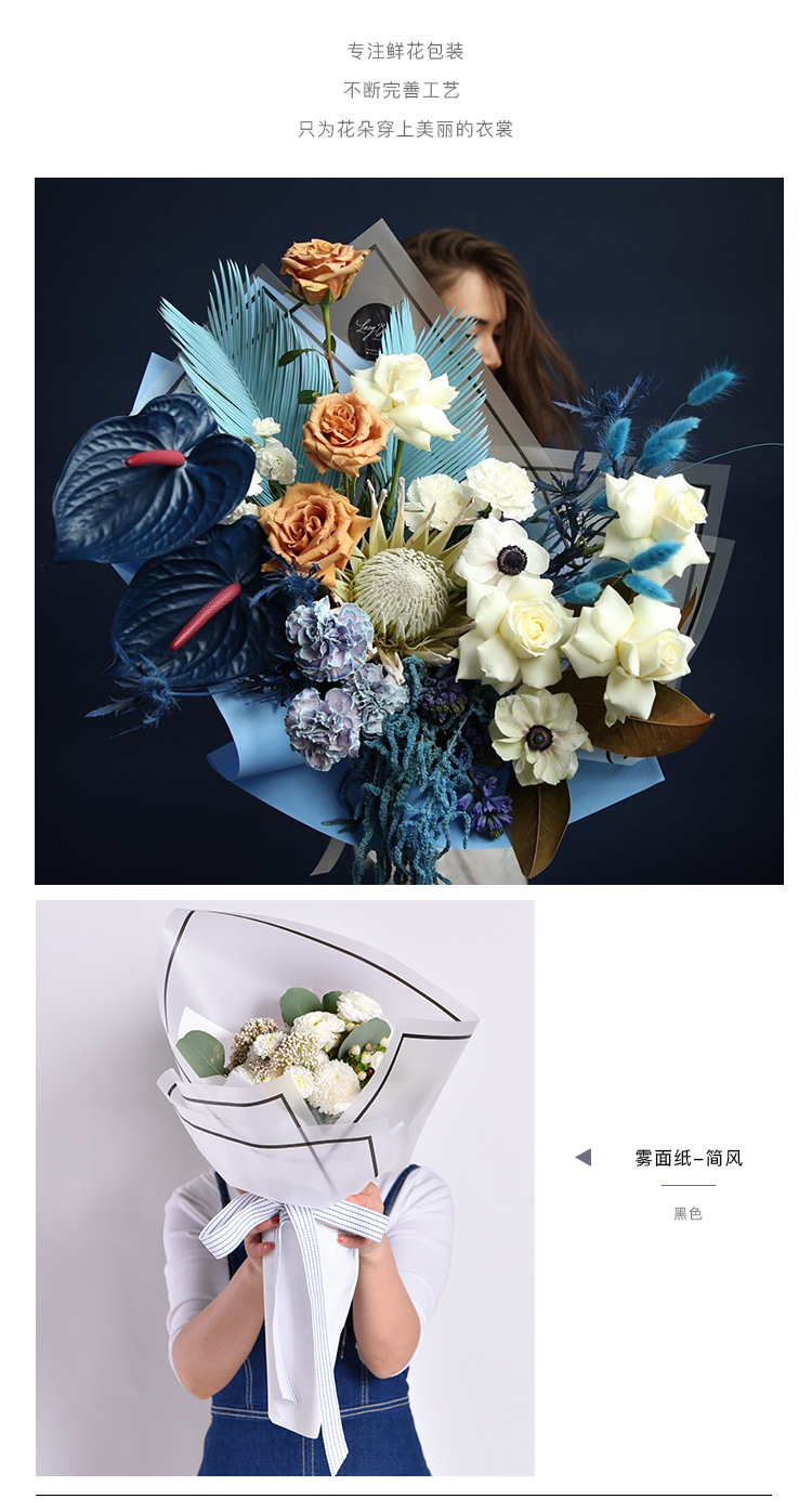 花衣裳方框条黑边雾面纸简风半透明纸鲜花礼品包装纸花店用品批发详情5