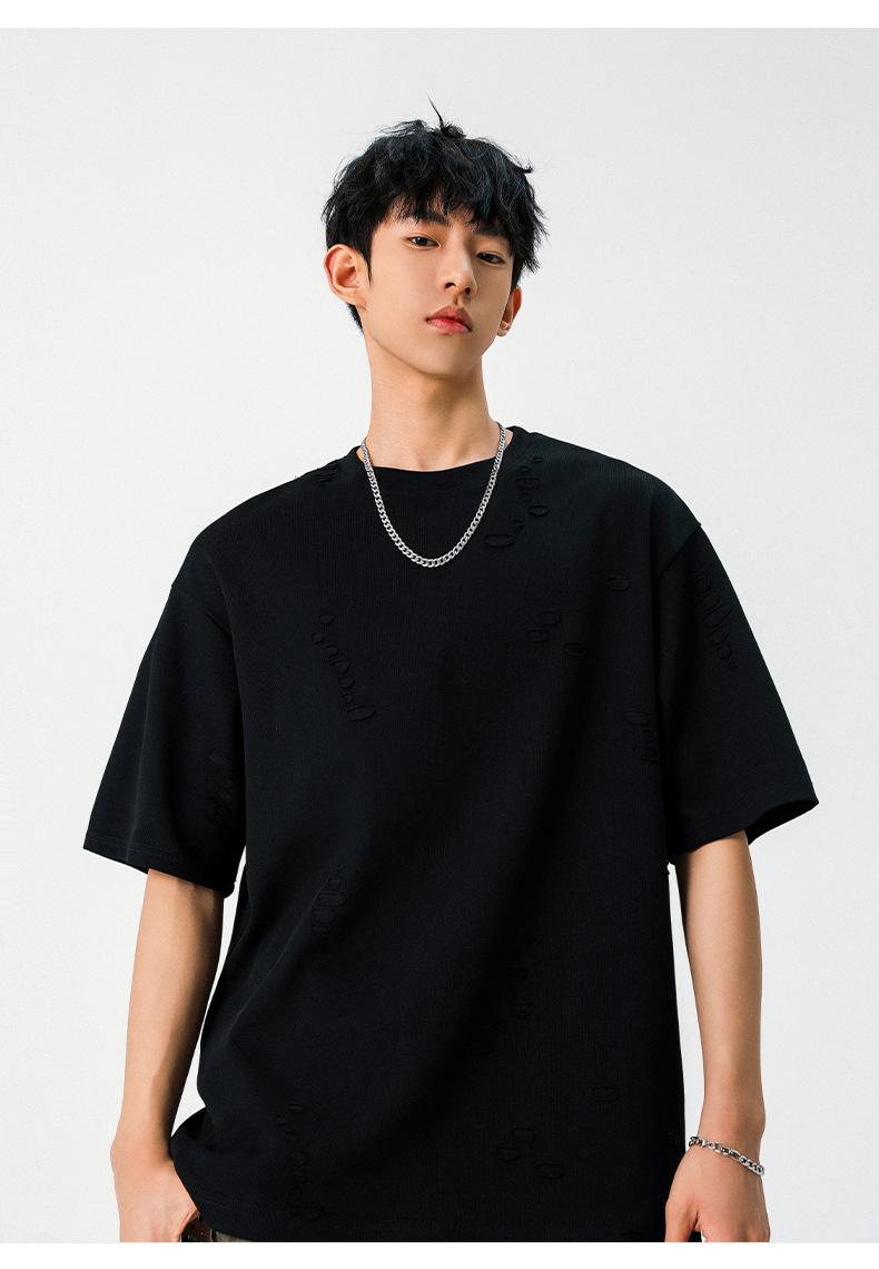 质感肌理不规则破洞短袖T恤男女夏季新款潮牌宽松情侣半袖体恤衫详情18