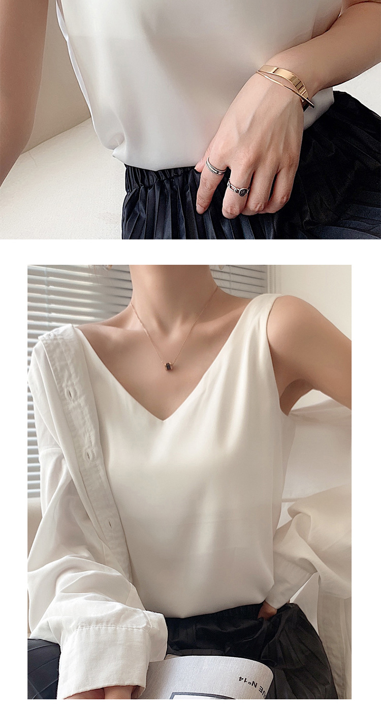 Chaleco halter mujer verano cuello V traje interior y exterior chaleco de seda polainas blancas satén morera seda halter mujer pic 17