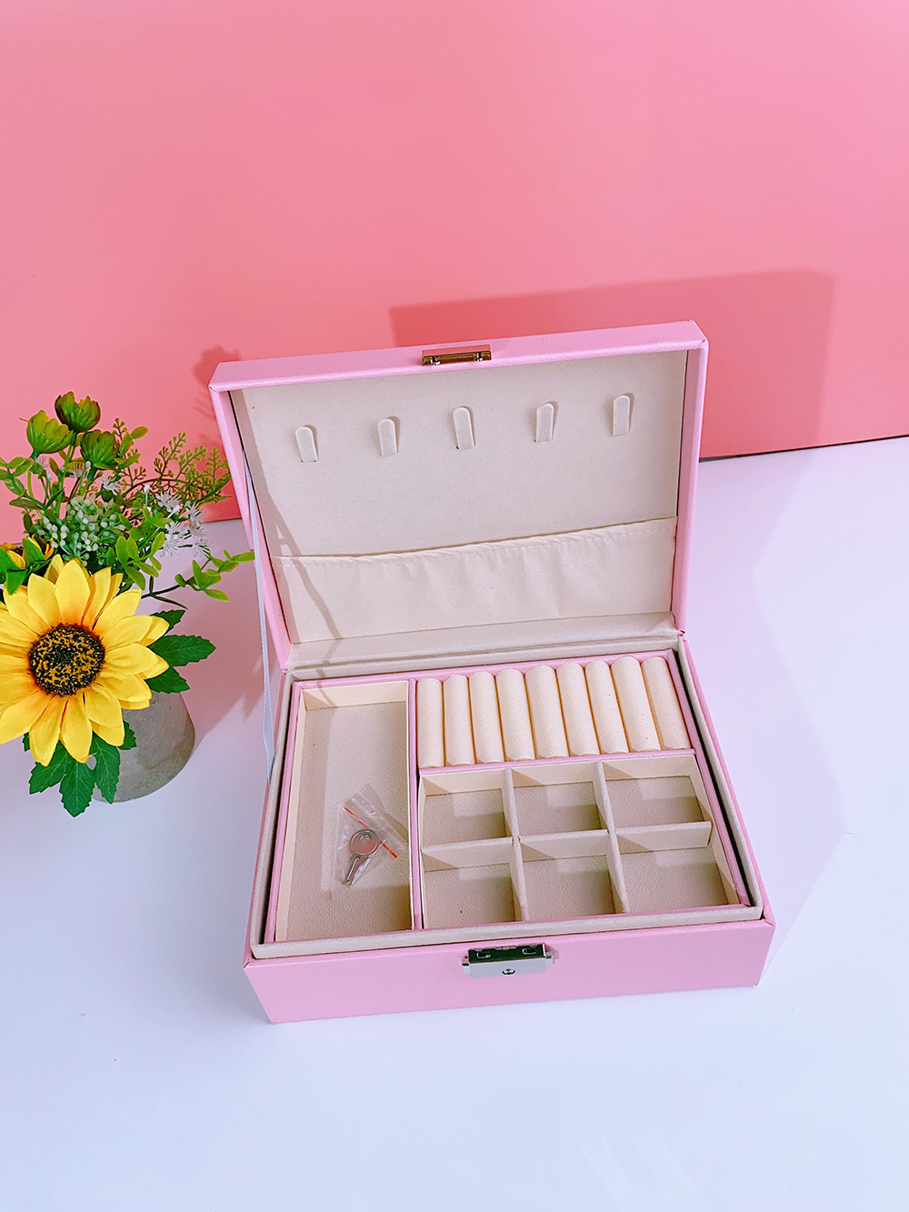 瑾奇2023首饰盒带锁双层大容量皮革珠宝饰品戒指项链耳环耳钉收纳盒子 粉色儿童收纳系列 JQ009详情7