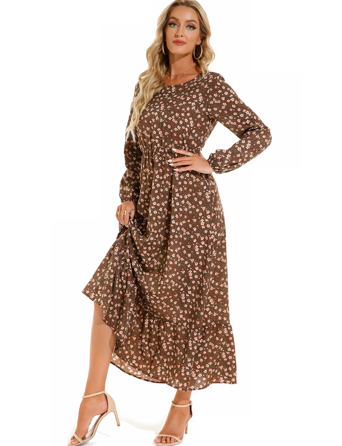 European and American floral long, round-neck, long-sleeved, waist-cinching and slimming dress pic 35