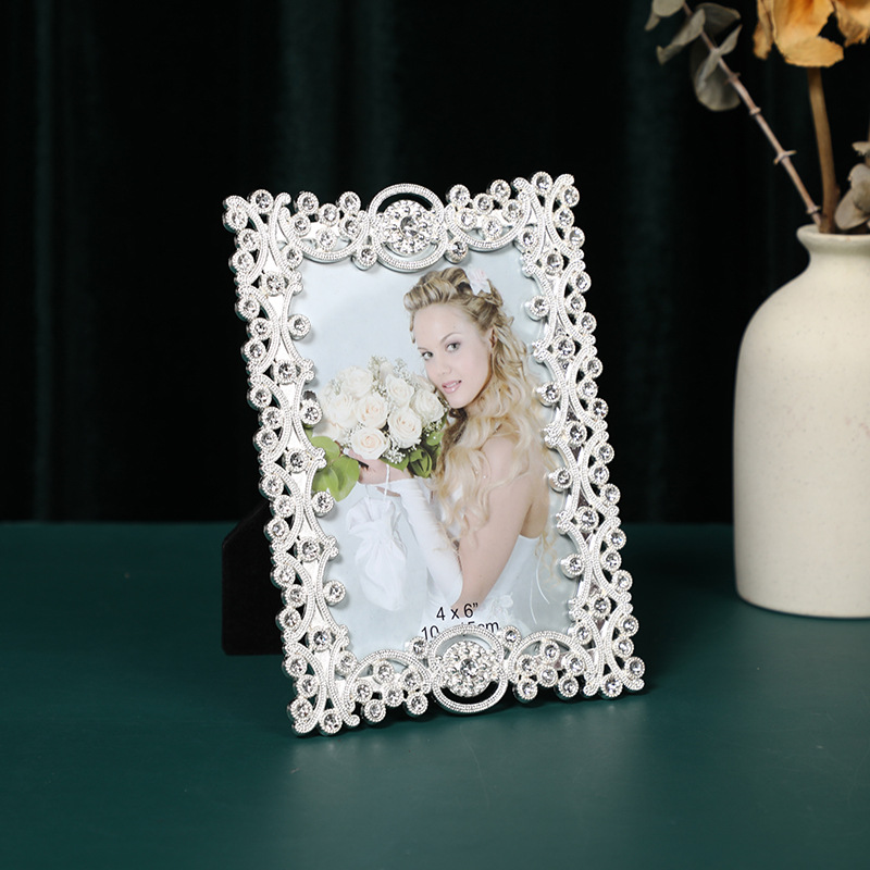 European-style white hollowed-out diamond-encrusted photo frame home creative photo album display stand, 6-inch and 10-inch living room decoration display stand photo frame pic 3