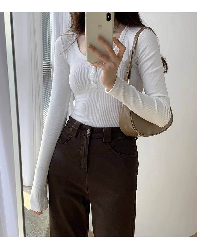 白色长袖t恤女2023秋装新款女装内搭上衣正肩体恤螺纹V领打底衫详情3