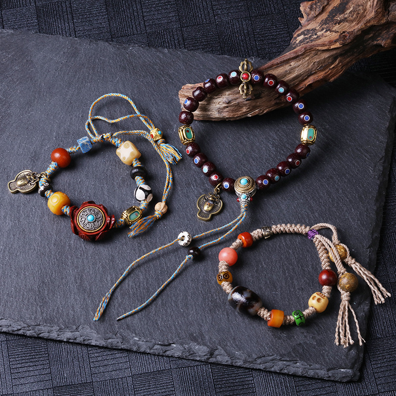 藏式莲花手串玛瑙多宝天珠单圈手链星月金刚大鹏鸟手工编织绳详情13