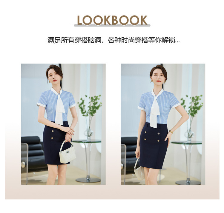 Fashionable work clothes, elegant blue striped shirt, female sales white-collar worker, formal summer short-sleeved XN6803 pic 6