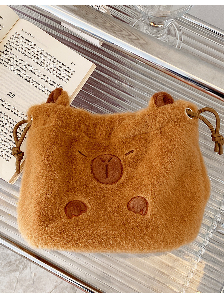 ✅ Cute plush kapibara drawstring pocket travel cosmetics camera polaroid storage bag hand pic 8