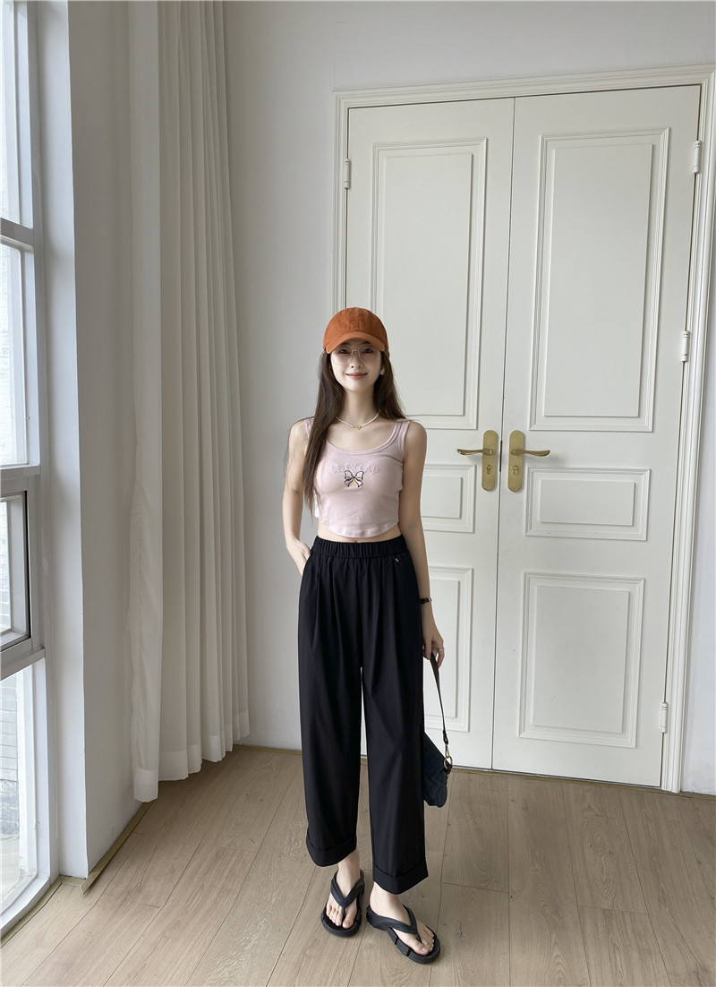 日系休闲裤子女夏薄款高腰显瘦遮肉阔腿直筒哈伦裤女速干裤九分裤详情15