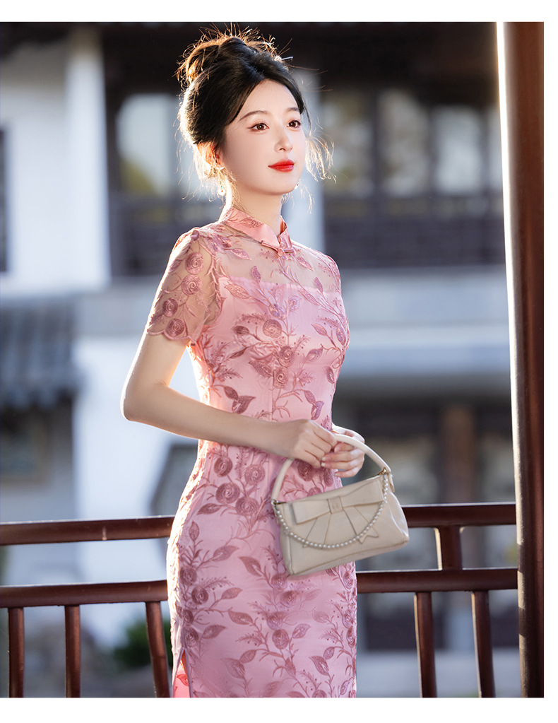 国潮夏季新款改良国风旗袍时尚刺绣中长款粉色年轻款连衣裙裙子详情14