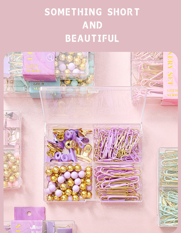 Macaron-colored large flat four-compartment box, golden stationery set, book holder, thumbtack, paperclip combination, small stationery set pic 27
