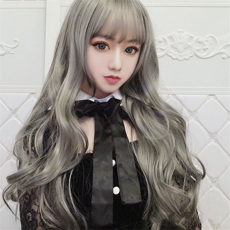 Fabricante en stock europa y Estados Unidos moda transfronteriza peluca mujer largo cabello rizado aire franja abuela gris amazon nuevos productos headset pic 6