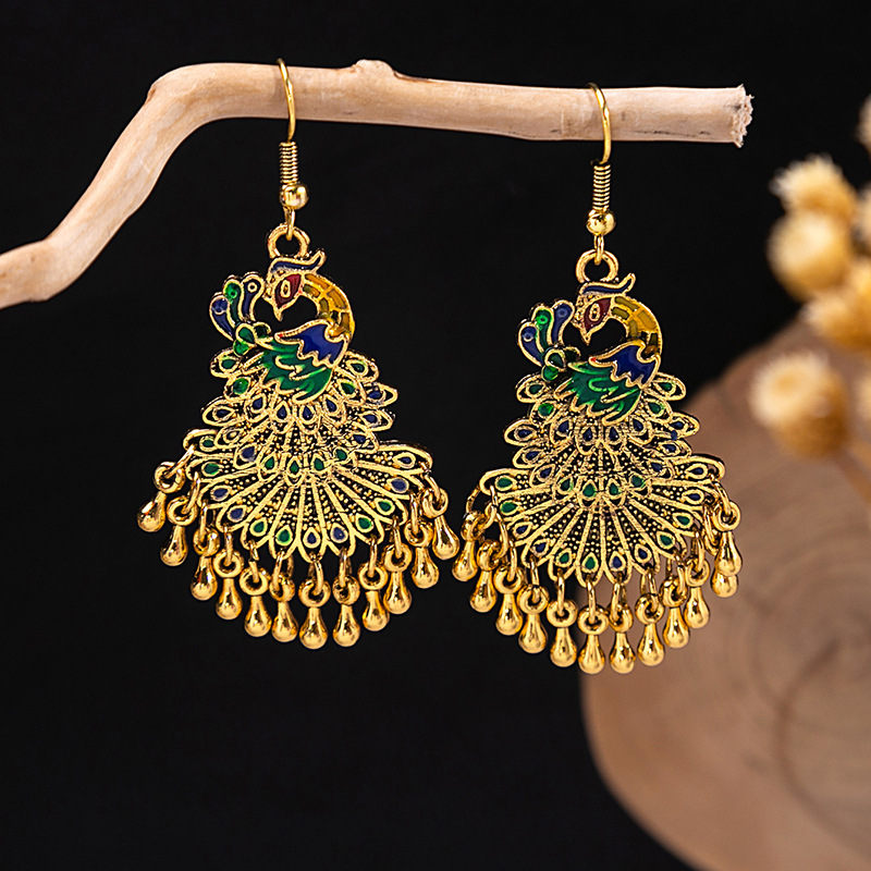 Ethnic-style peacock earrings, golden bell tassel earrings, Bohemian leaf pendants, scenic area earrings wholesale pic 4