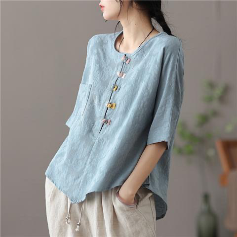 复古薄款盘扣防亚麻上衣女士夏季短袖不规则白色T恤打底棉麻衬衣详情2