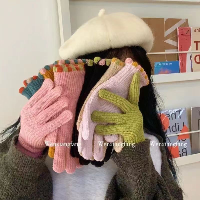 新款韩版ins小糖豆秋冬季针织毛线保暖防寒漏指触屏手套学生成人糖果色百搭详情4