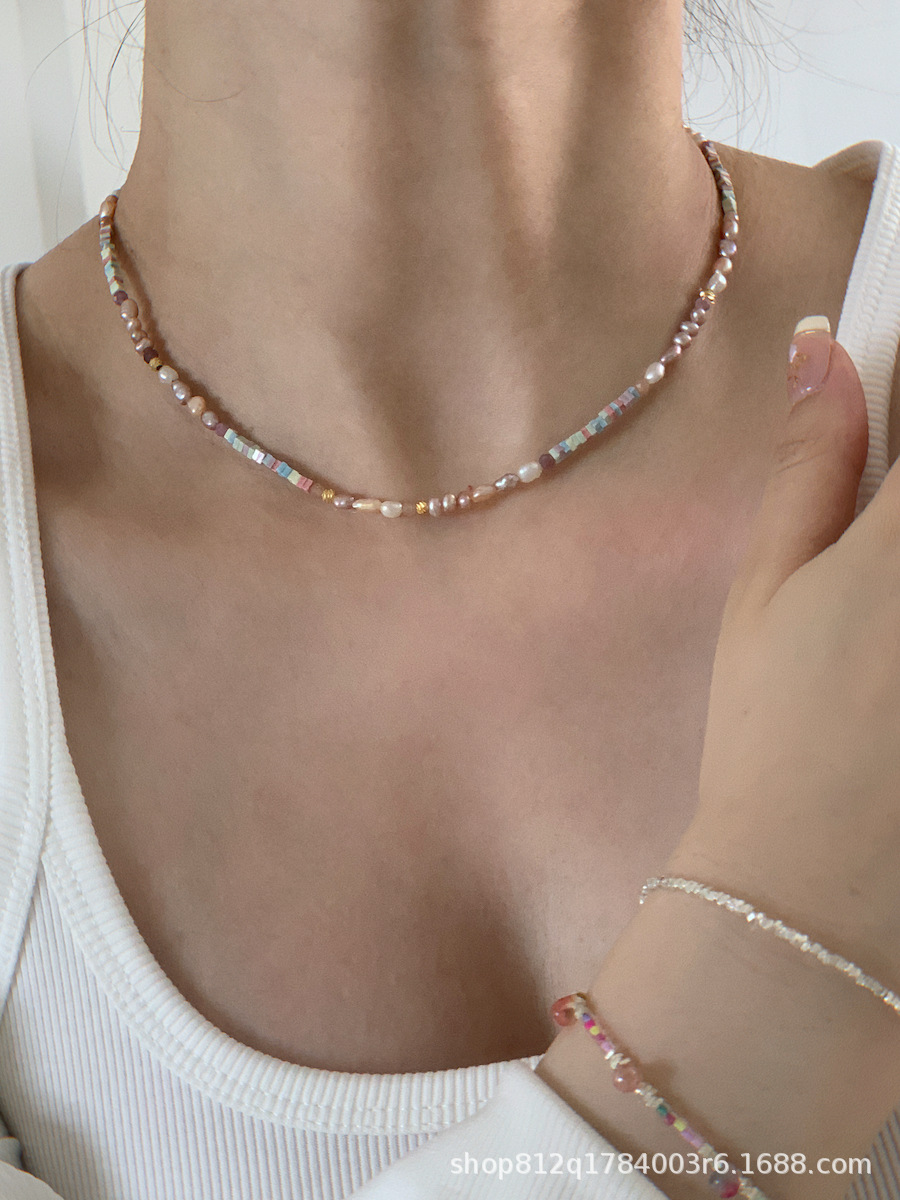 Dreamy pinkish-purple aurora silver pearl necklace, mini irregular Baroque-style light luxury necklace, niche pic 12