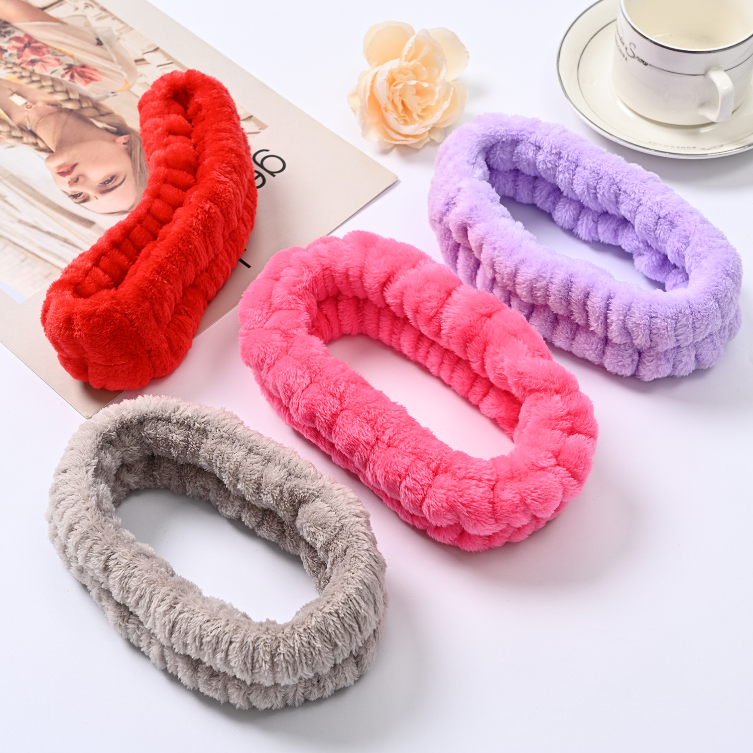 Bow face wash and hair band for girls wholesale solid color white matching makeup simple sweat-wiping wrist band flannel hair band pic 48