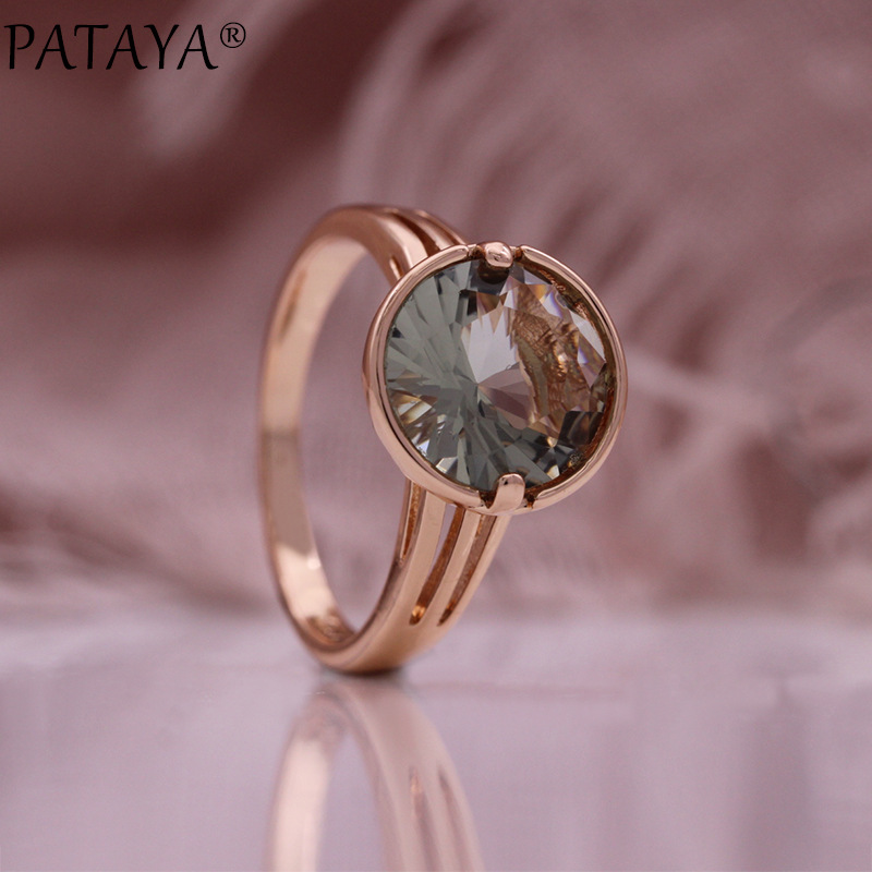 PATAYA茶绿色圆形锆石耳环戒指套装585玫瑰金精美女款时尚首饰详情3