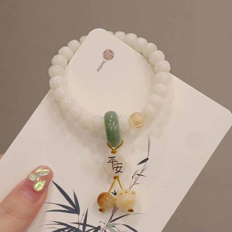 天然白玉菩提雕刻莲花佛珠手串搭配平安猫爪原创设计菩提子手链女详情6