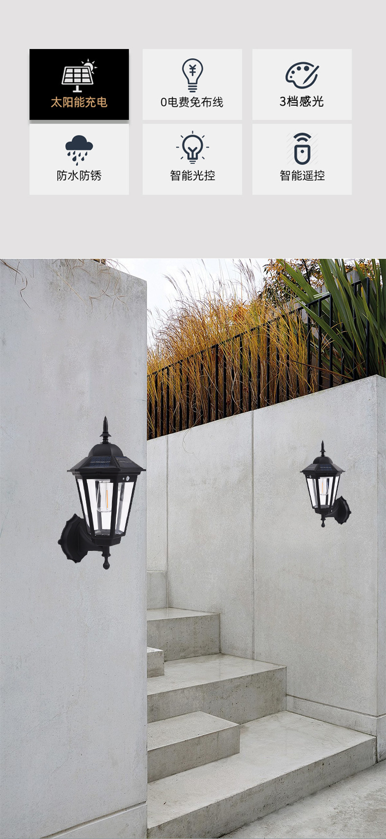 跨境复古庭院灯户外庭院氛围方形投光灯 太阳能路灯防水照明灯详情2