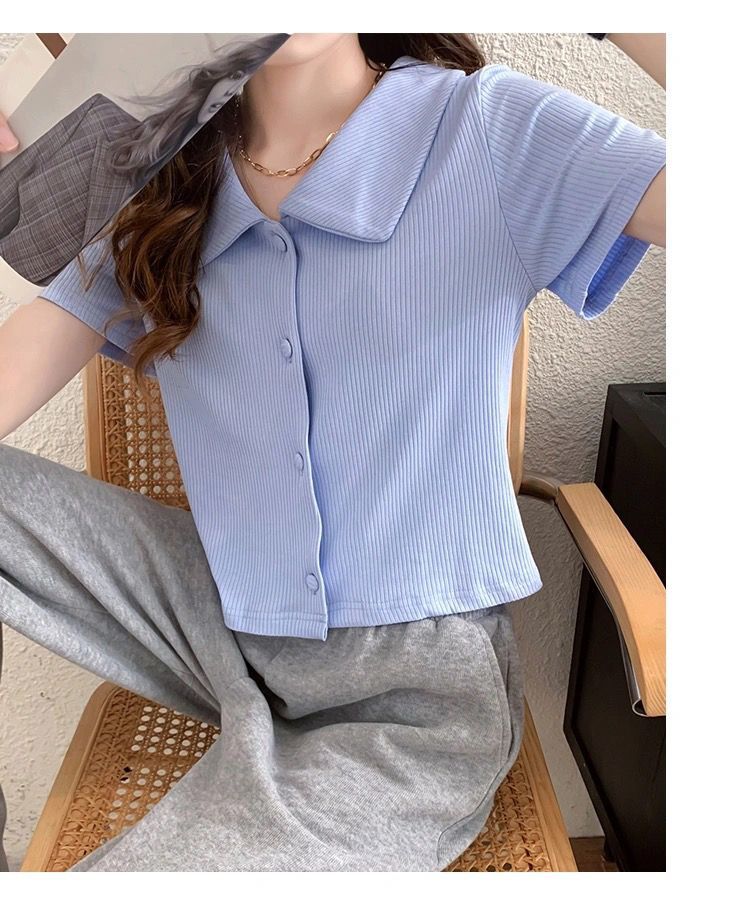 冰丝短袖上衣女2024春夏季新款韩版洋气小清新翻领百搭短款T恤开详情3