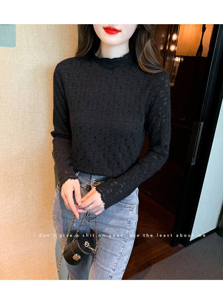 A stylish and youthful 2023 autumn collection, paired with a semi-high-neck top, long-sleeved small stand-up collar, and a youthful lace base layer for women pic 14
