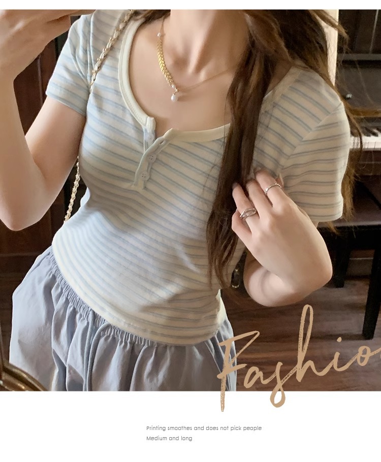 蓝白条纹短袖正肩女t恤春夏2025新款chic小众设计感修身短款上衣详情12