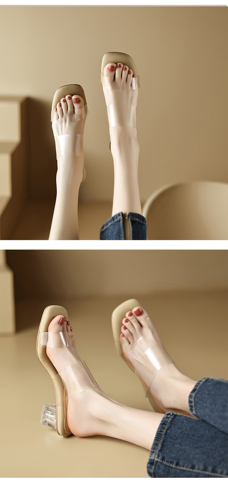 踩屎感~ 透明凉鞋女2024年夏季新款高跟鞋粗跟露趾水晶跟凉拖外穿详情12