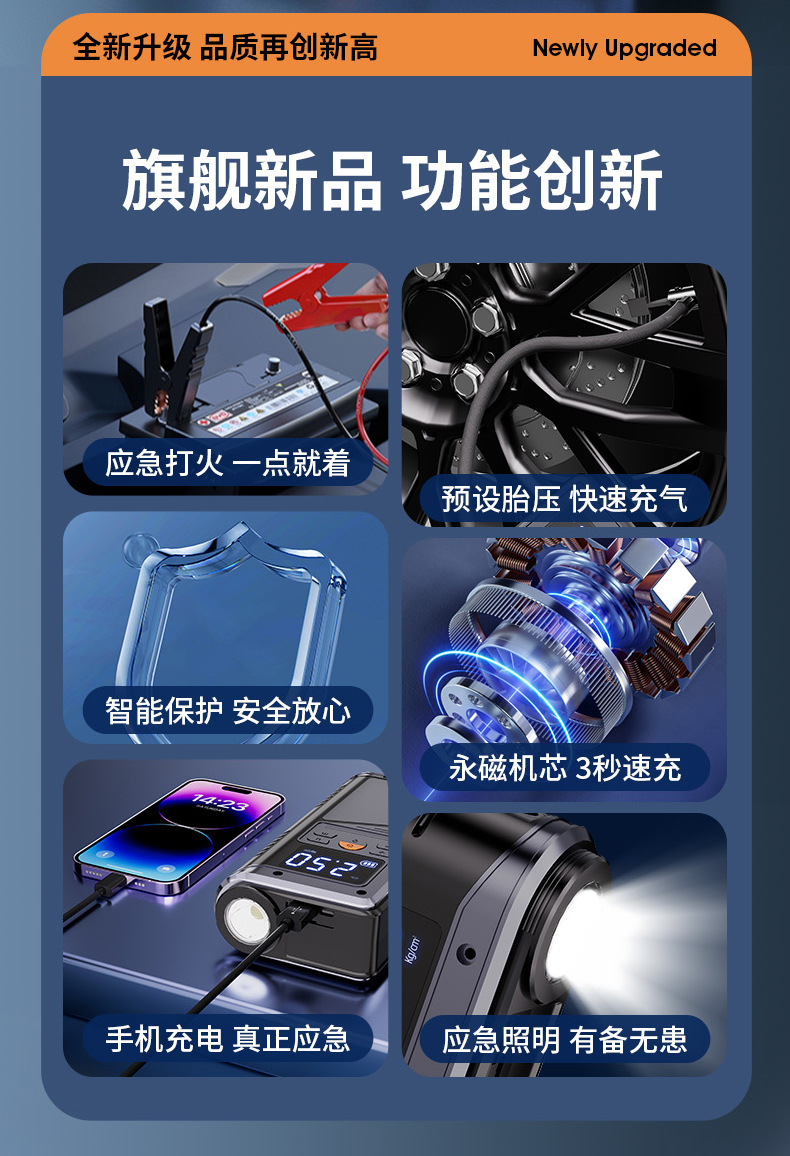 车载应急启动电源车载充气泵汽车数显大功率充电宝应急电源汽车搭电器车载打气机户外应急充气泵详情3