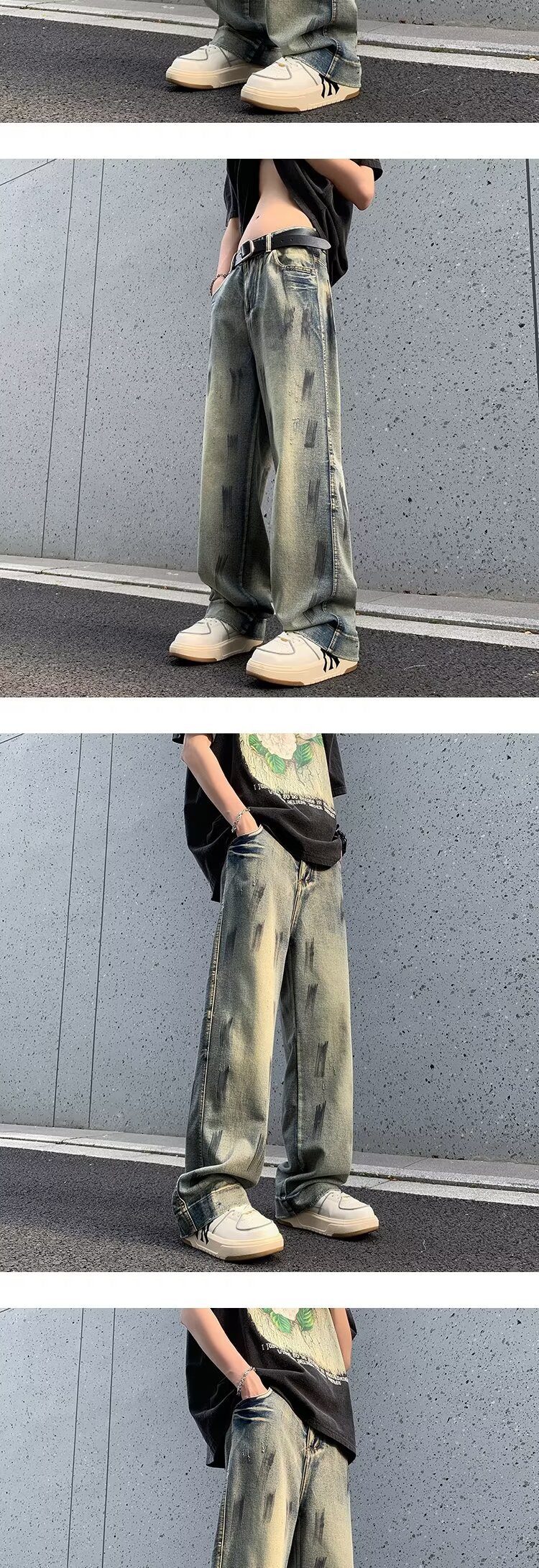 2024复古休闲做旧牛仔裤学生时尚百搭款垂感宽松阔腿拖地牛仔裤男详情14