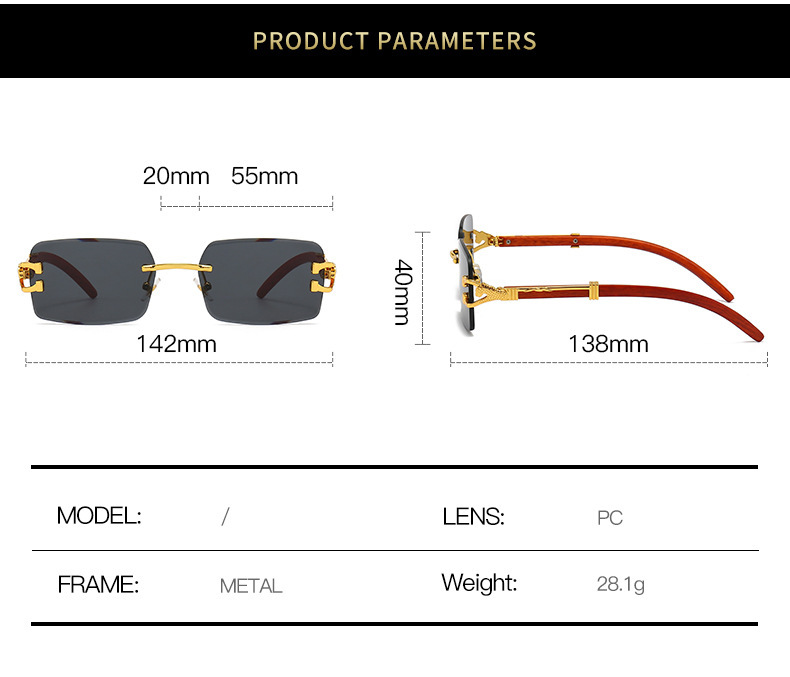 新款时尚无框太阳镜男款个性豹子木纹镜腿方框墨镜女潮跨境批发详情4