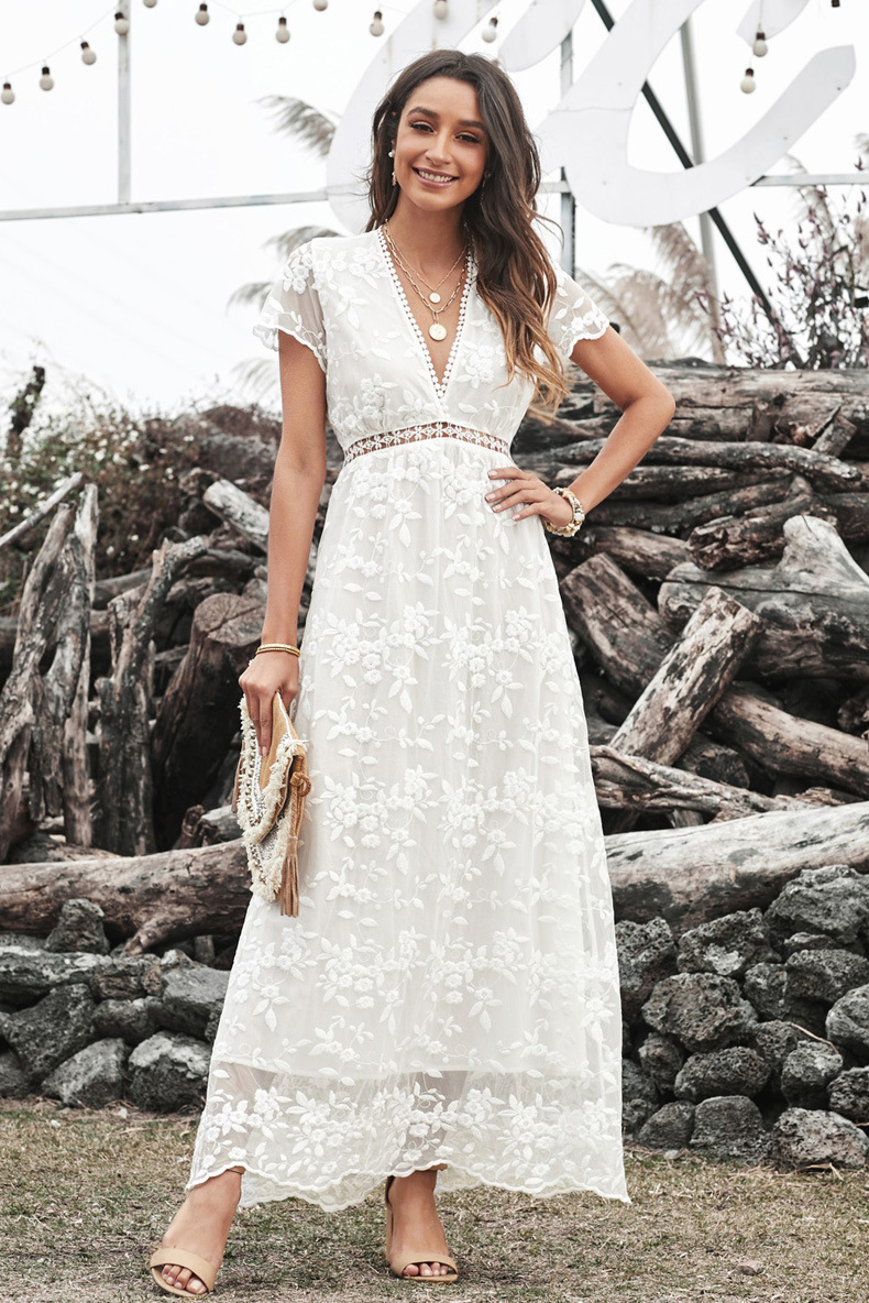 Summer lace crochet and cut-out long dress for women, European and American cross-border solid color style commuting solid color dress forwarding 611245 pic 35