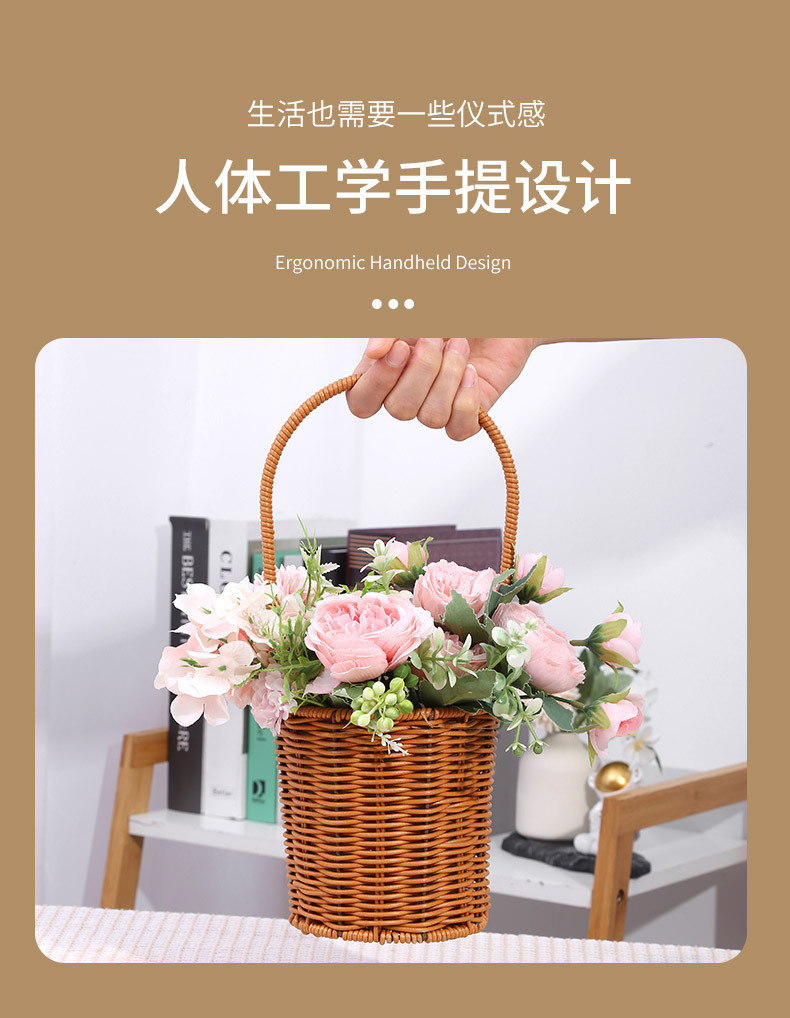 跨境专供现货供应皮筋仿藤花篮 道具摆件手工编织藤编提篮 插花花详情5