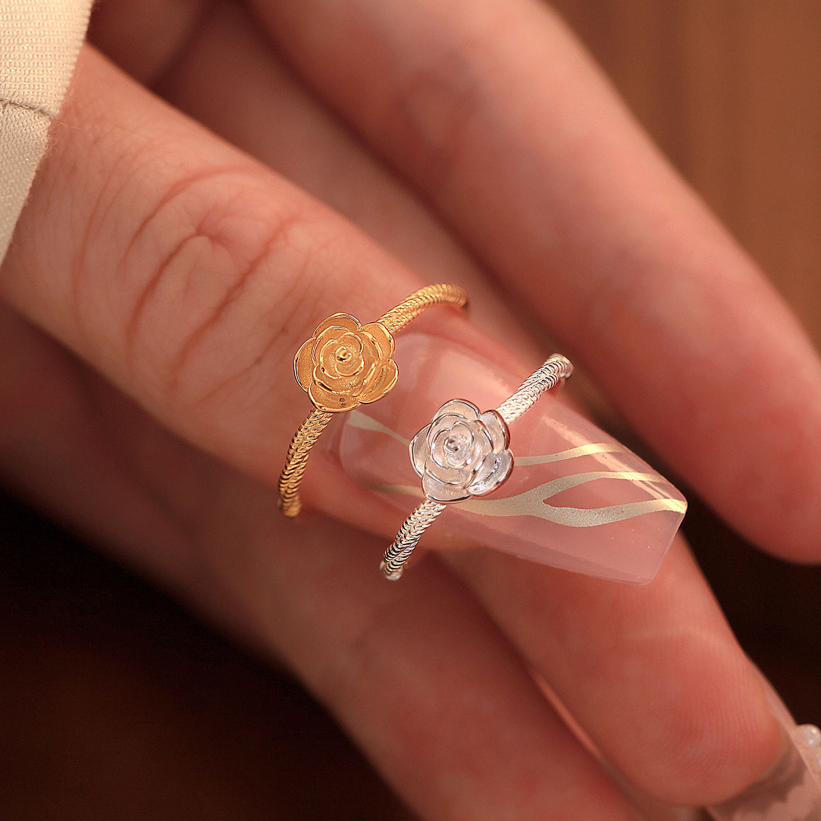 S999纯银足银戒指山茶花开口可调节素银指环抖音小红书手饰礼物详情1