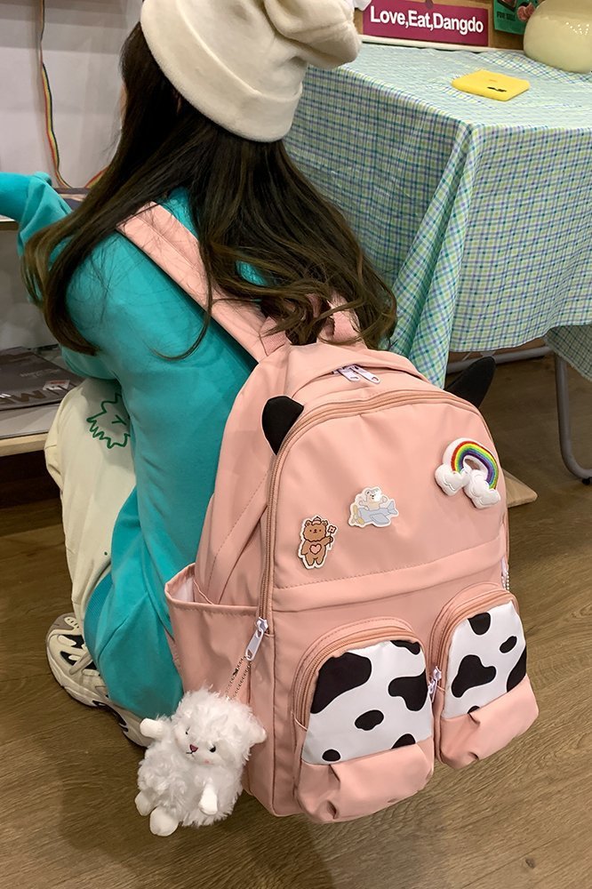 Japanese-style ins campus school style, fresh and cute, cute cow with earbuds, soft girl schoolbag, funny student backpack pic 68