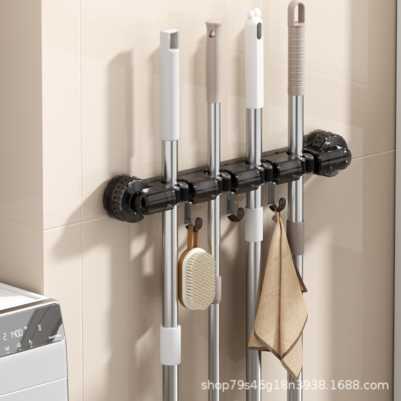 Wall-mounted four-clamp mop rack, powerful suction cup mop rack, multi-purpose hook hanging rack for kitchen and bathroom, household storage rack pic 22
