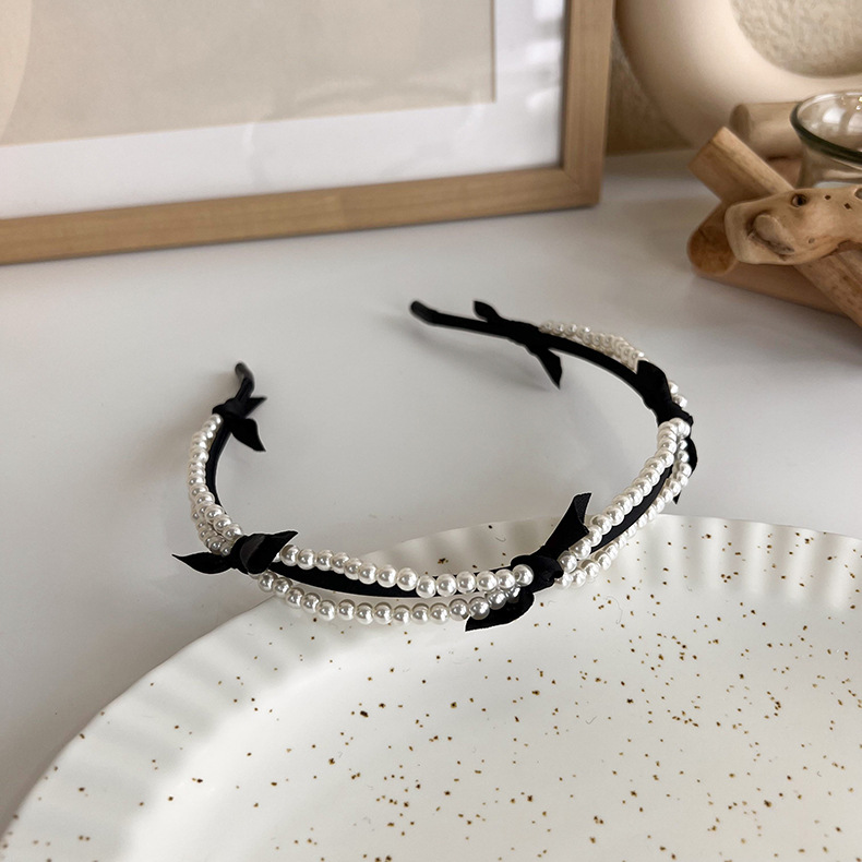 French elegant black hairband, sweet pearl braided hairpin, knitted height-increasing headband, wide-edge hairpin for women pic 44
