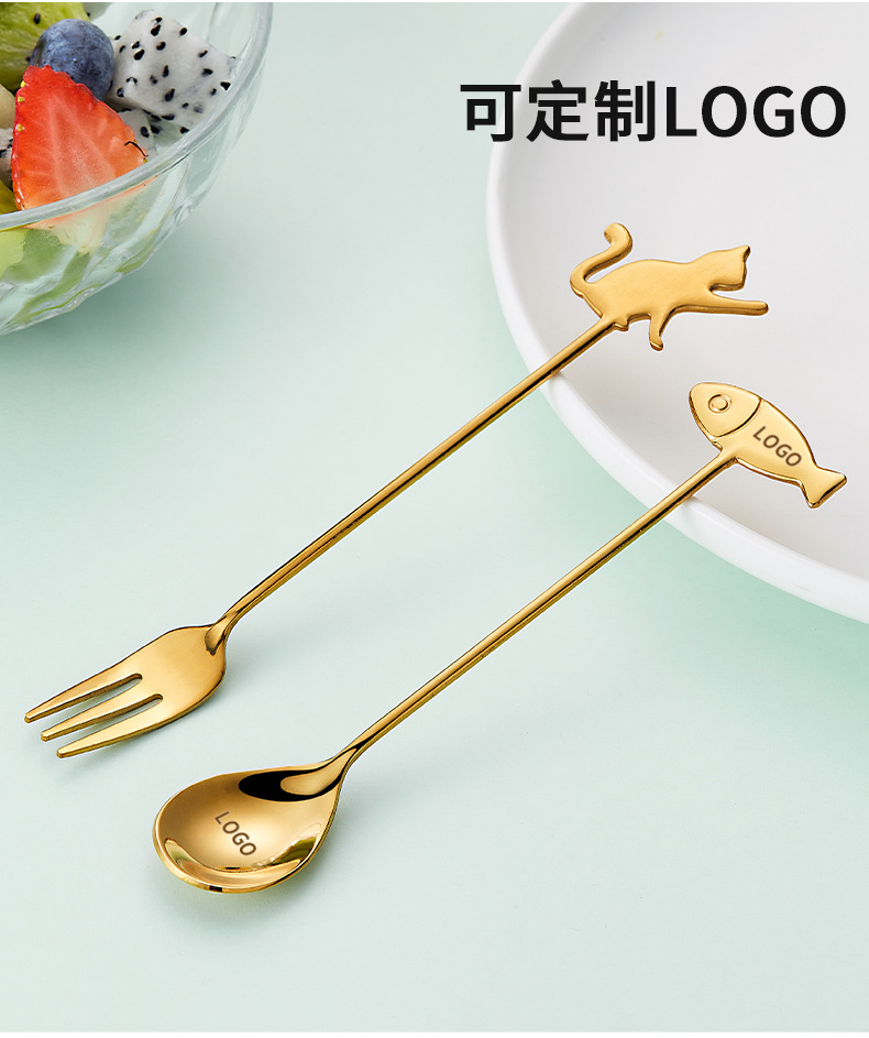 Cat Little Fish Dessert 304 stainless steel fork and spoon, Japanese small round handle hanging cup, cartoon cute coffee stirring spoon pic 18