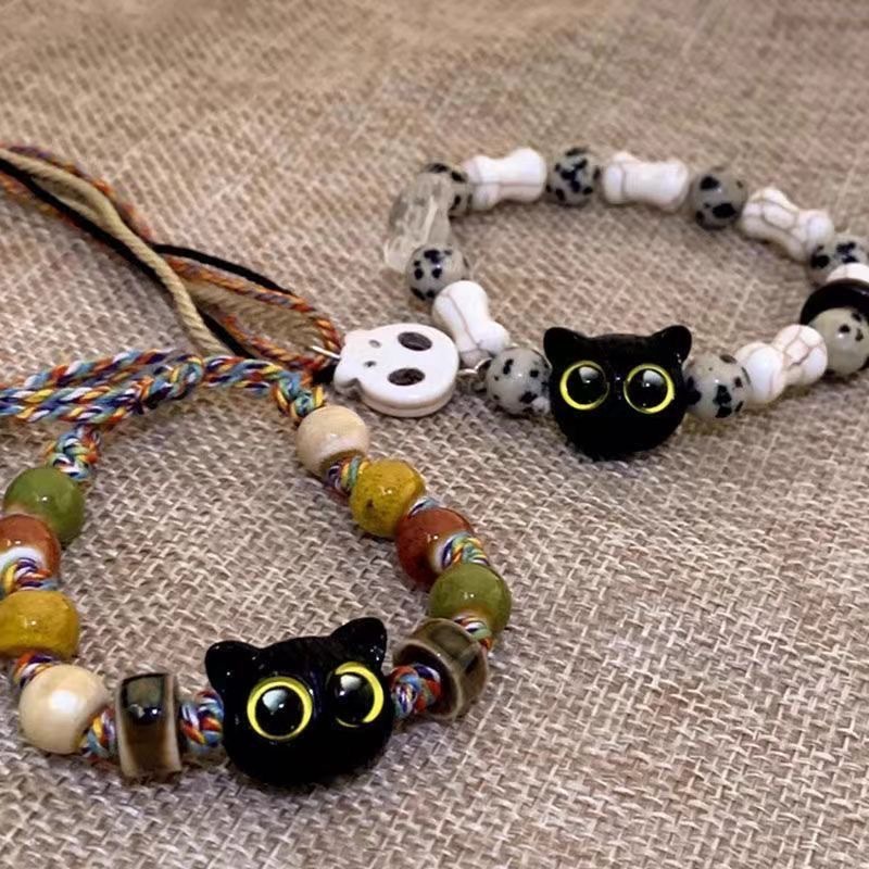 Skull cat ceramic woven bracelet, a niche design, sweet and cool Chinese style, colorful and fashionable, with a unique personality pic 2