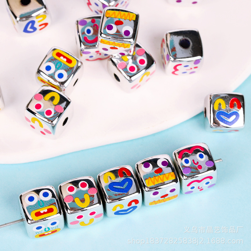 14mm bright silver square fun expression acrylic bead perforated diy hair tie hair accessory bracelet accessory pic 5