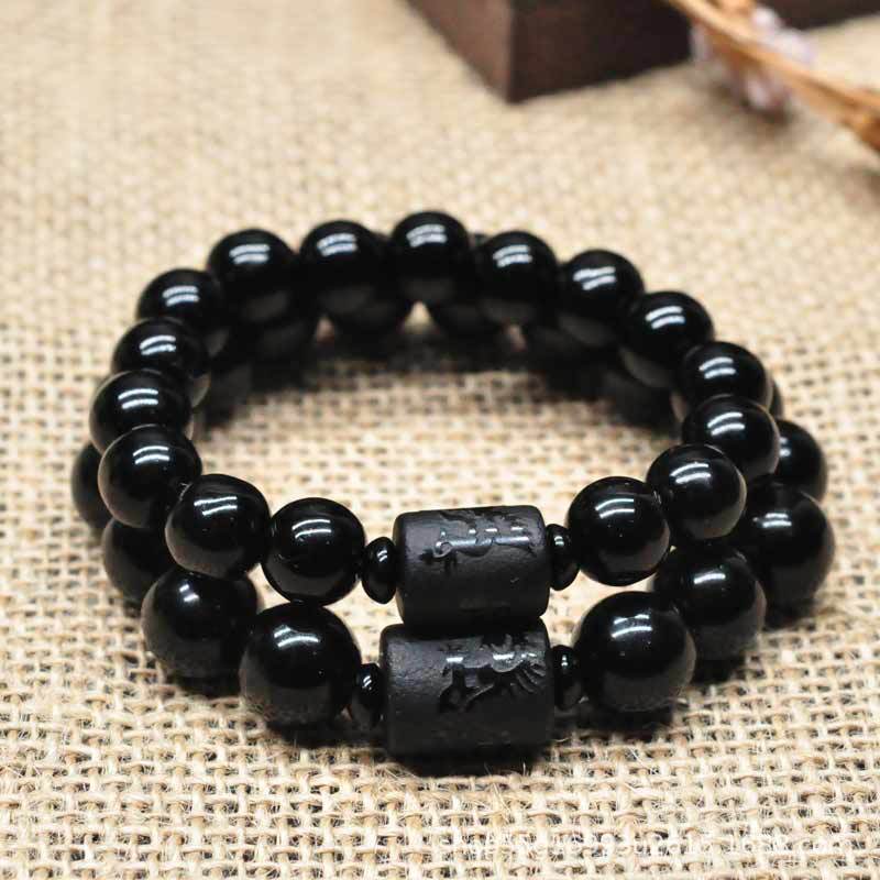 Wholesale imitation crystal obsidian single-loop bracelets, frosted dragon and phoenix bucket beads, couple bracelets for men and women, and Buddhist prayer beads pic 3